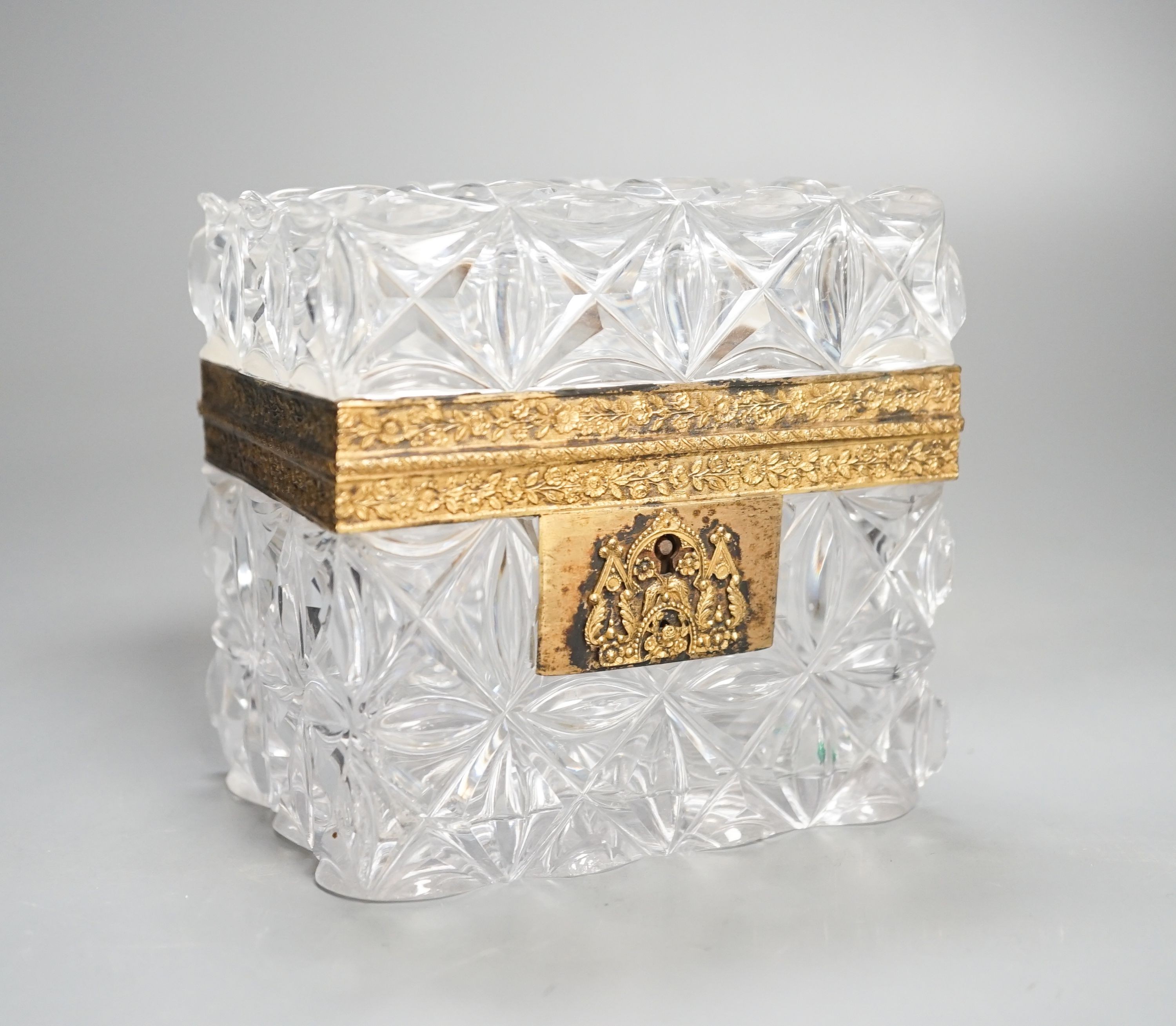 A mid 19th century French cut glass and ormolu mounted casket, probably Baccarat, 11cm